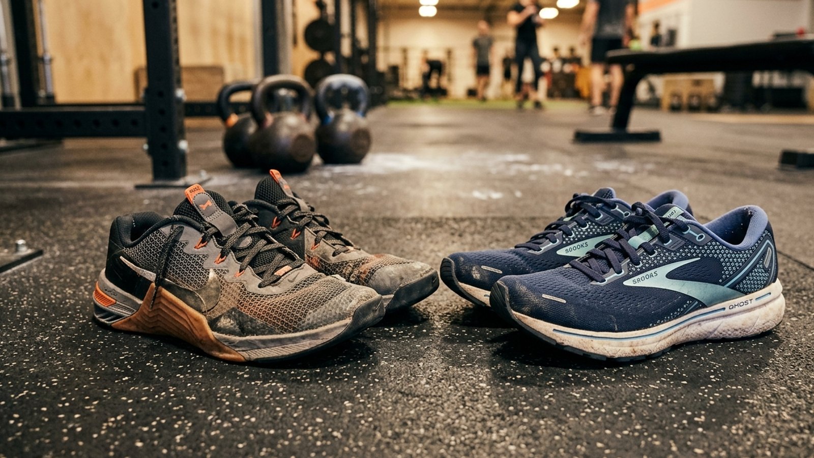 Clean gym shoes and a water bottle on a gym bench