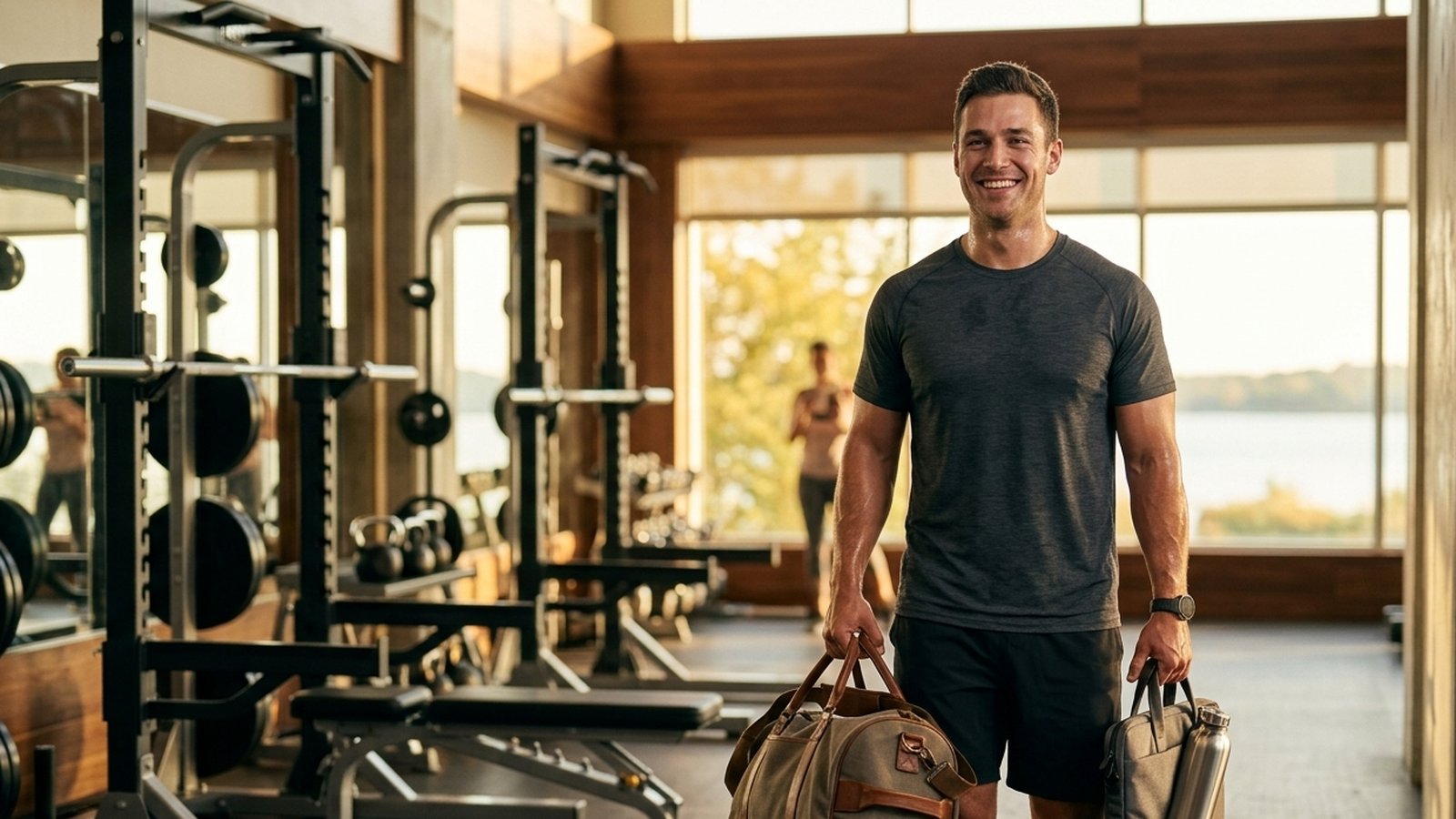 Clean, premium boutique gym environment emphasizing hygiene and safety